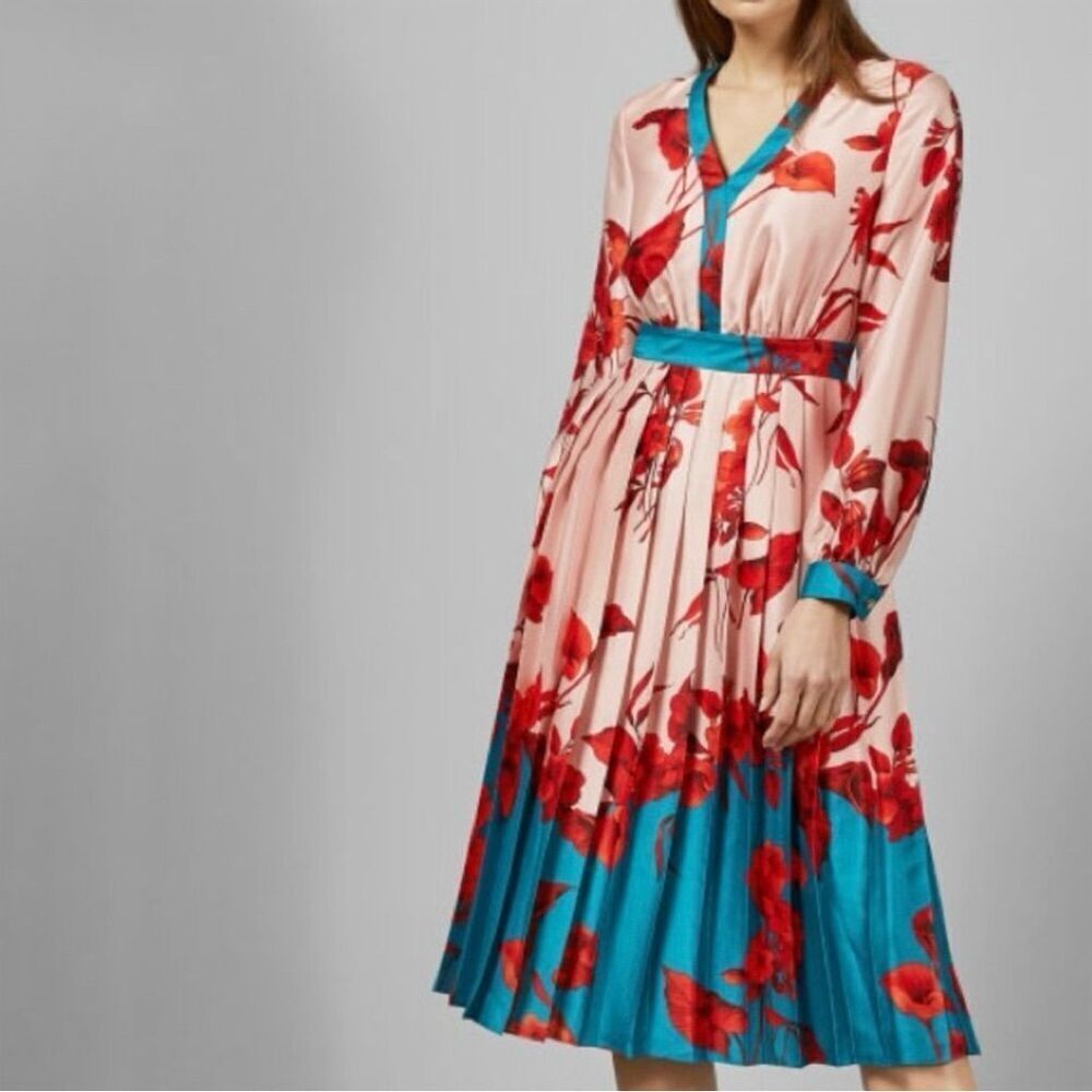 Ted‎ Baker Women's Size 12 Fantasia Bow Floral Bow Neck Midi Dress Multicolor